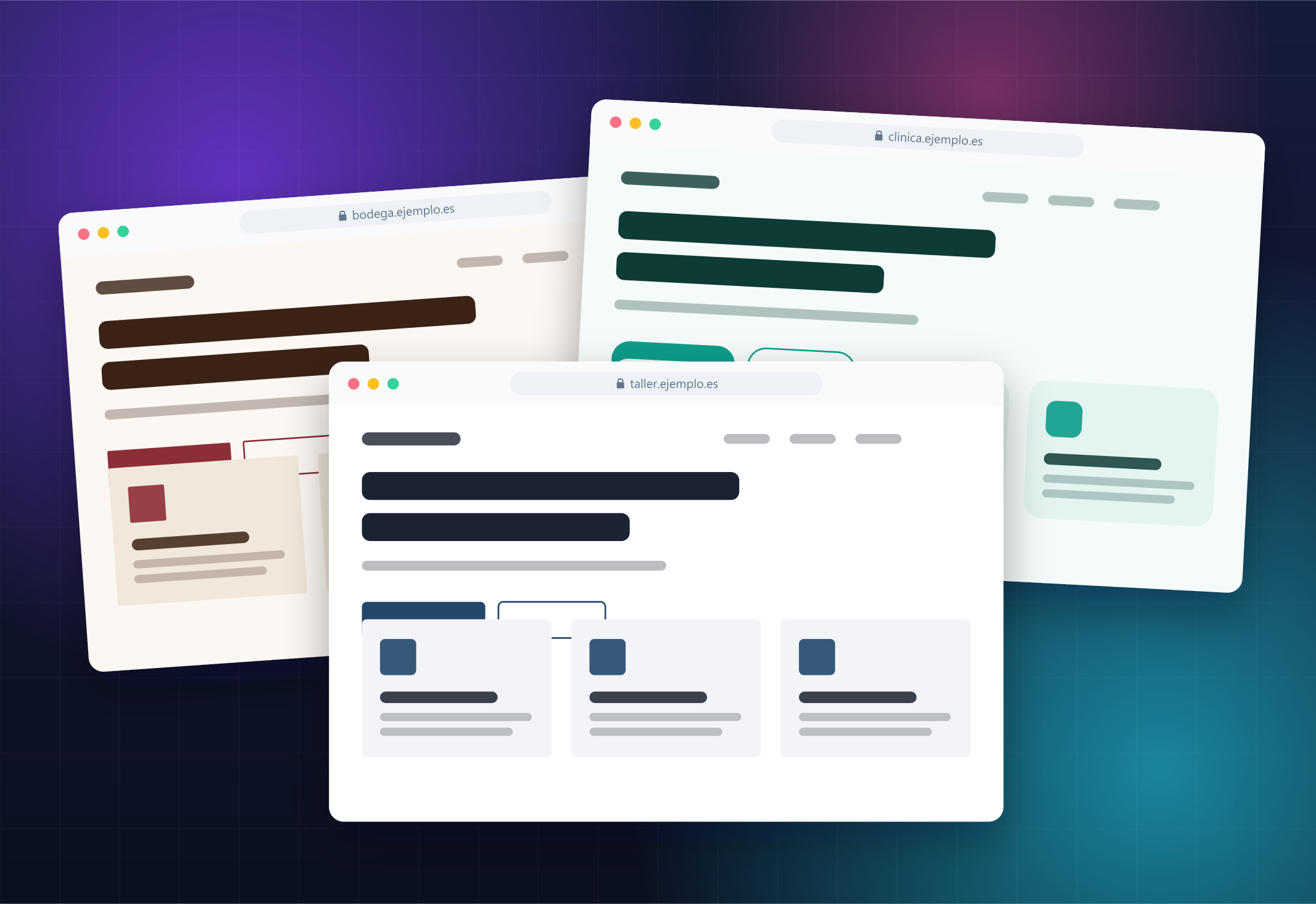 Tres webs de clientes distintos, cada una con su dominio y sus colores