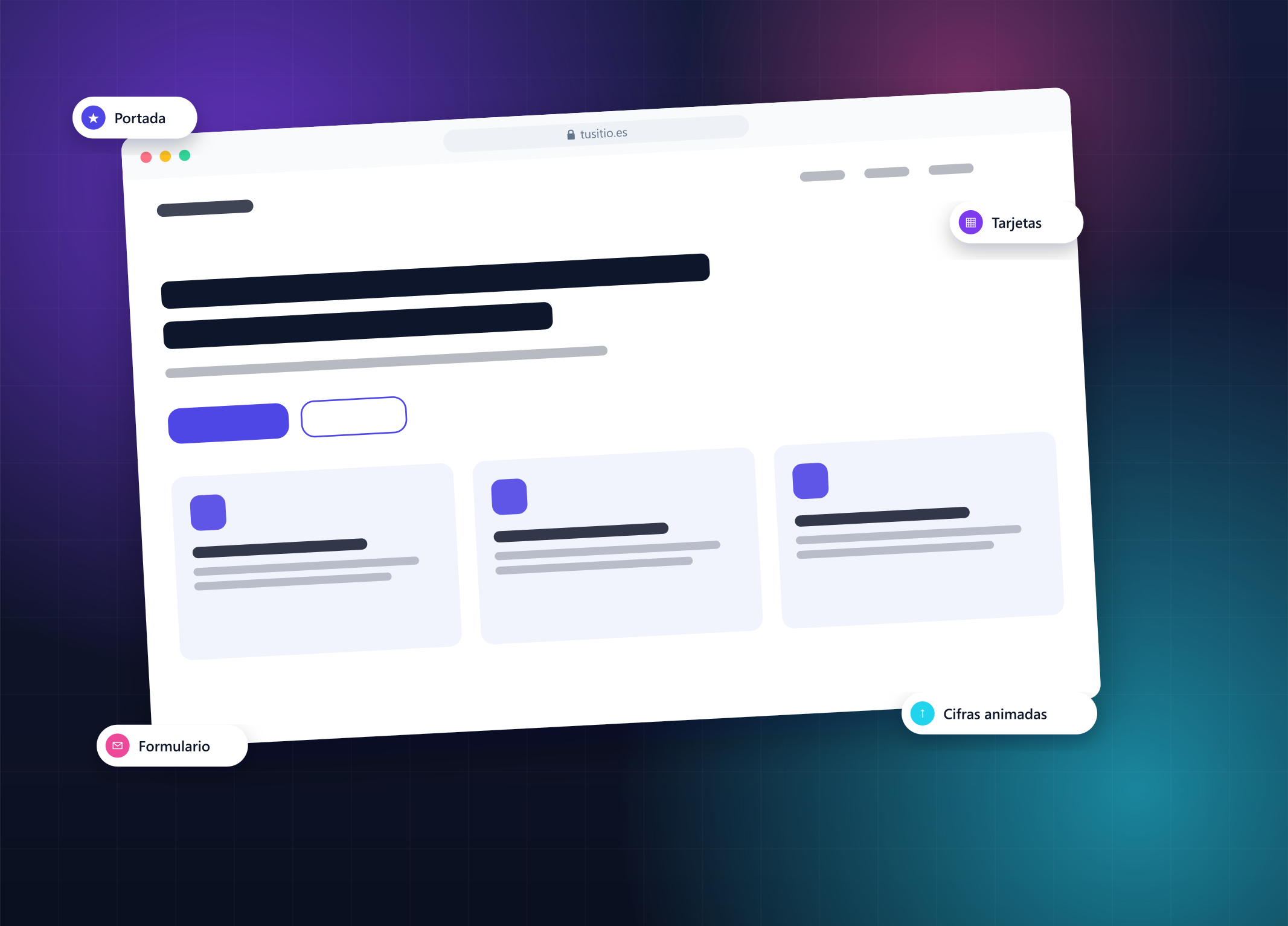 Una web hecha con Fundament, con sus bloques de portada, tarjetas, cifras y formulario